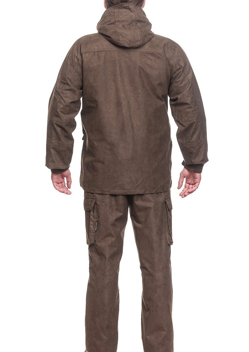 A person stands with their back to the camera in a brown WINTER SUIT ARGO® featuring a soft, suede-like material and breathable waterproof membrane by Argo®, perfect for comfortable outdoor activities.